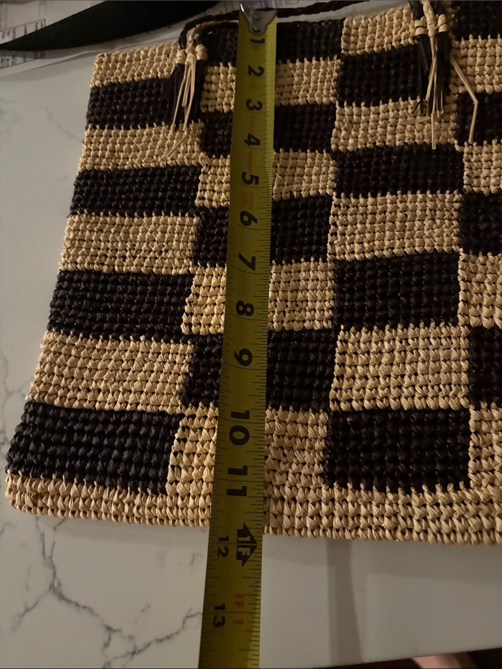 Checkerboard Woven Tote Bag in Black and Natural - Picture 4 of 5